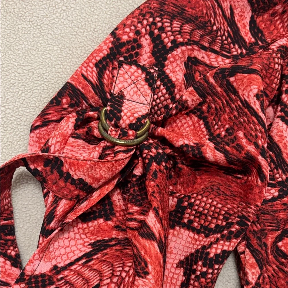 Michael Kors Women Red Coral Brown Animal Print Swirl Blouse Modern Stylish Top